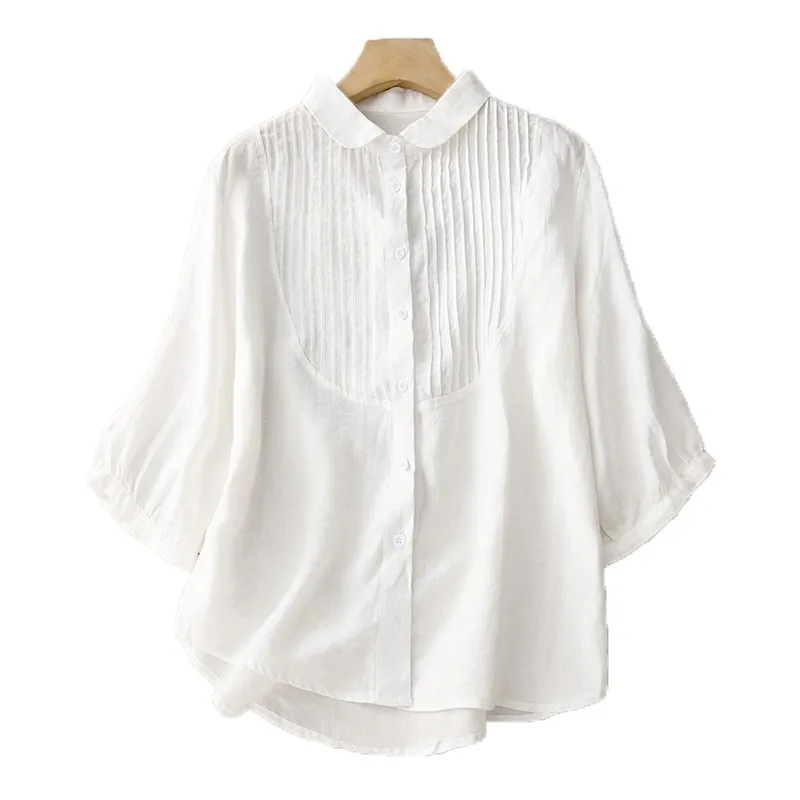 Women's Retro Loose Cotton And Linen Tops - White