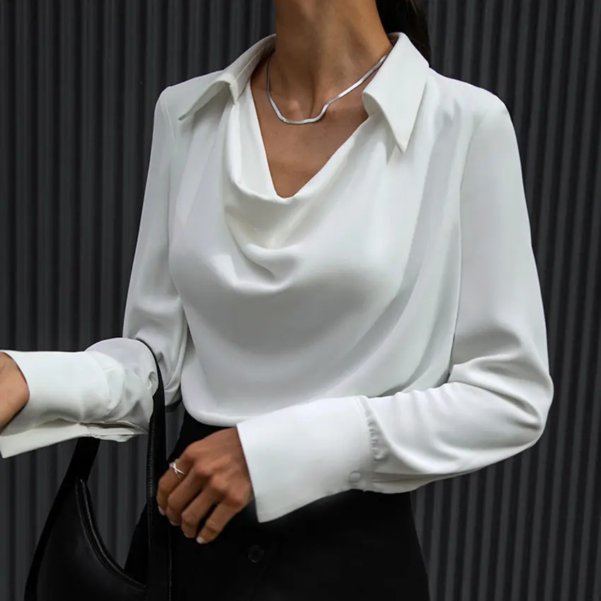 Collared Long-Sleeve Shirts Fashion Commuter Solid Color Blouse Casual