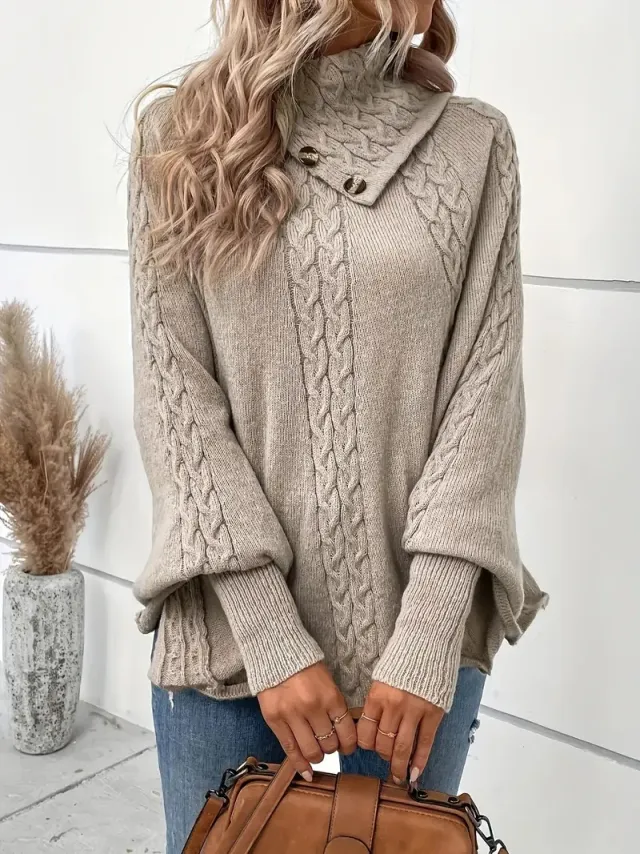 Twist Design Sense Retro Turtleneck Outerwear Sweater Women's Knitwear Pullover Cloak Shawl Khaki - Shop at LoveMi