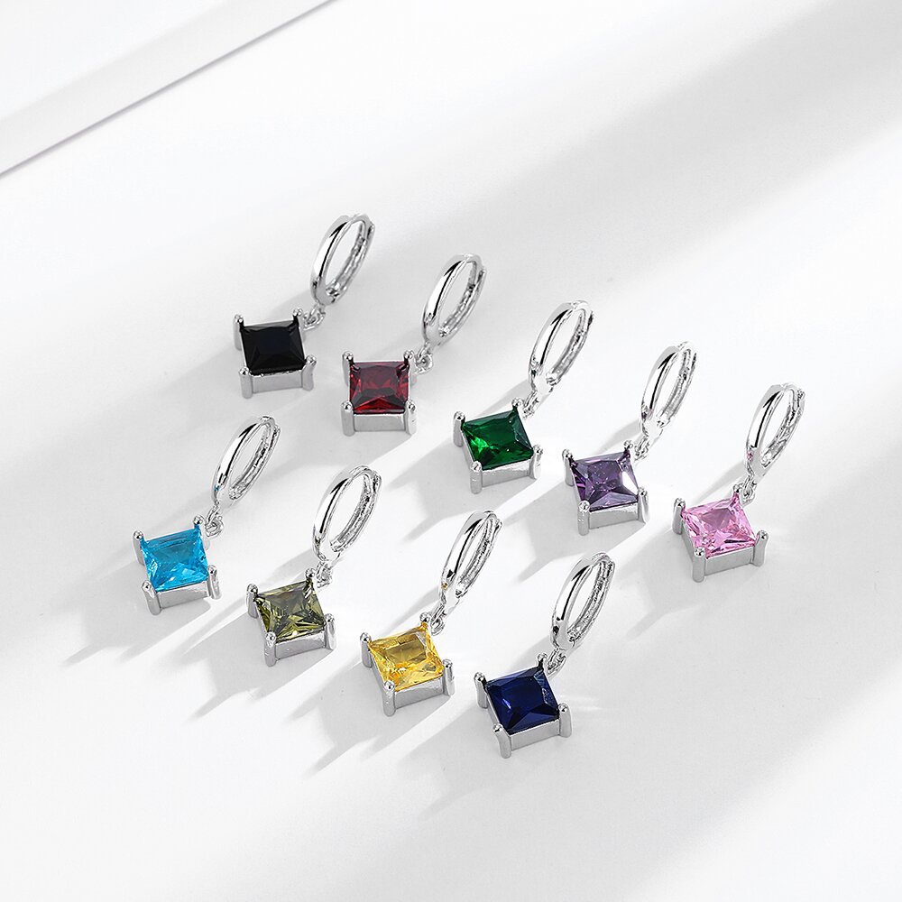 Fashionable Square Diamond-Encrusted Silver-Plated Earrings