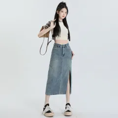 Women's Orange Silk Split Denim Skirt For Hot Girls Summer High Waist - Light - View 1