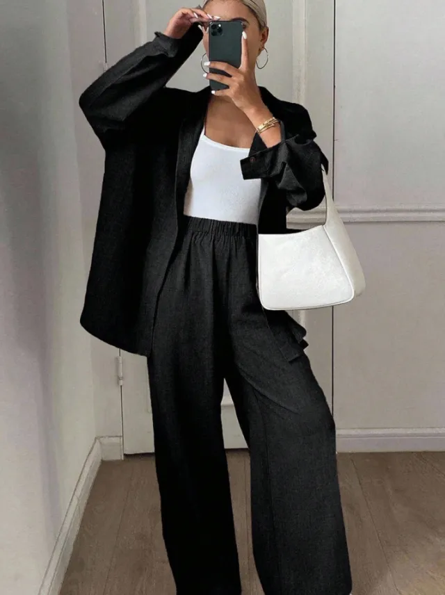 Womens Solid Color Casual Loose Cotton Linen Long Sleeve Shirt And Pants Set Black - Shop at LoveMi