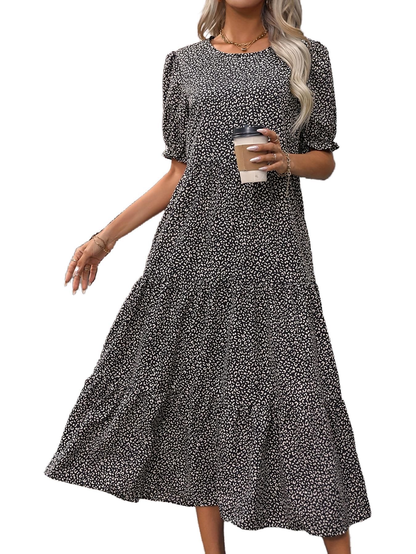 Casual Bohemian Dress Leopard Print Floral Print Pleated Puff Sleeve Jumpsuit Black - Shop at LoveMi