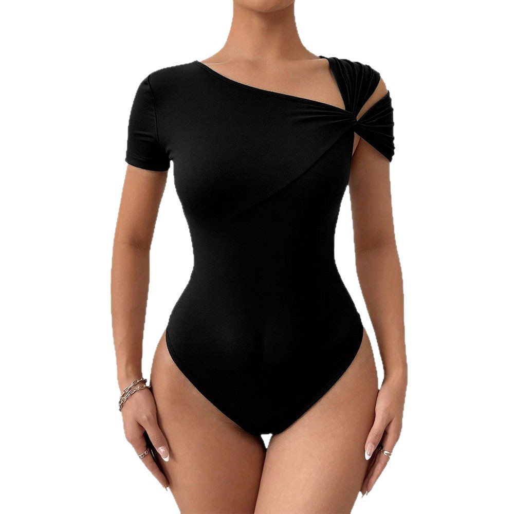 Womens Asymmetrical One-shoulder Twisted-design Short-sleeve Figure-hugging Bodysuit