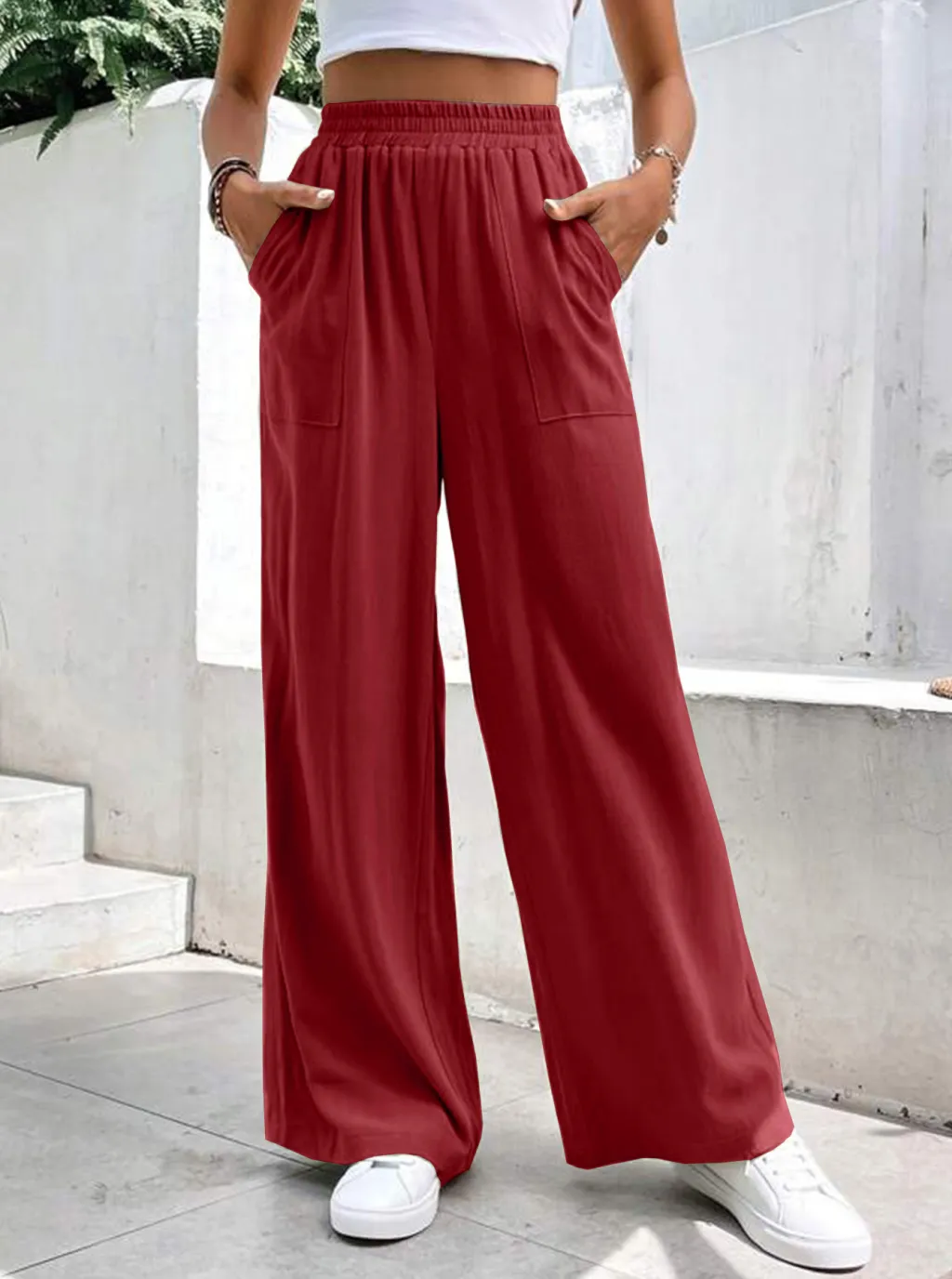Women Middle-waisted Straight-leg Pants Loose Sports Pocket Casual Trousers - Wine