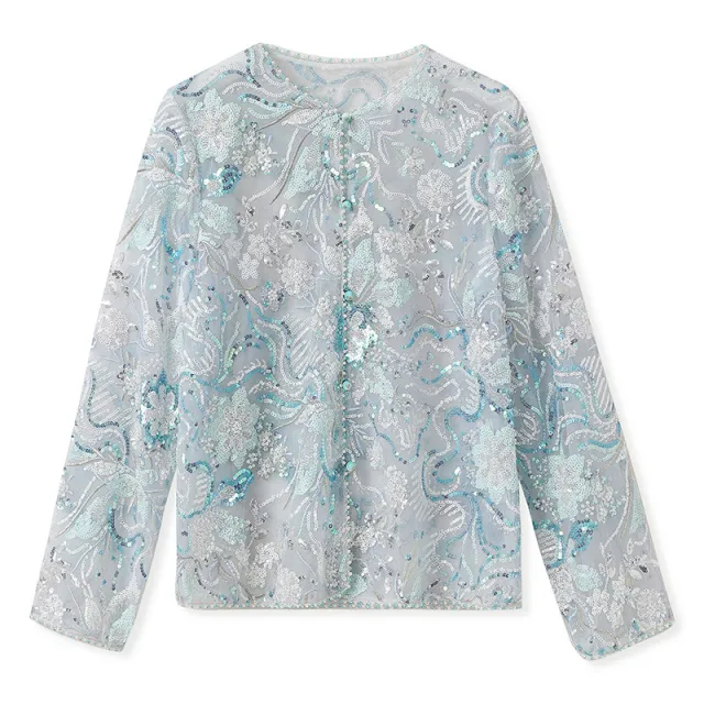 Sequined Round Neck Top Pearl Embroidery Coat Blue - Shop at LoveMi