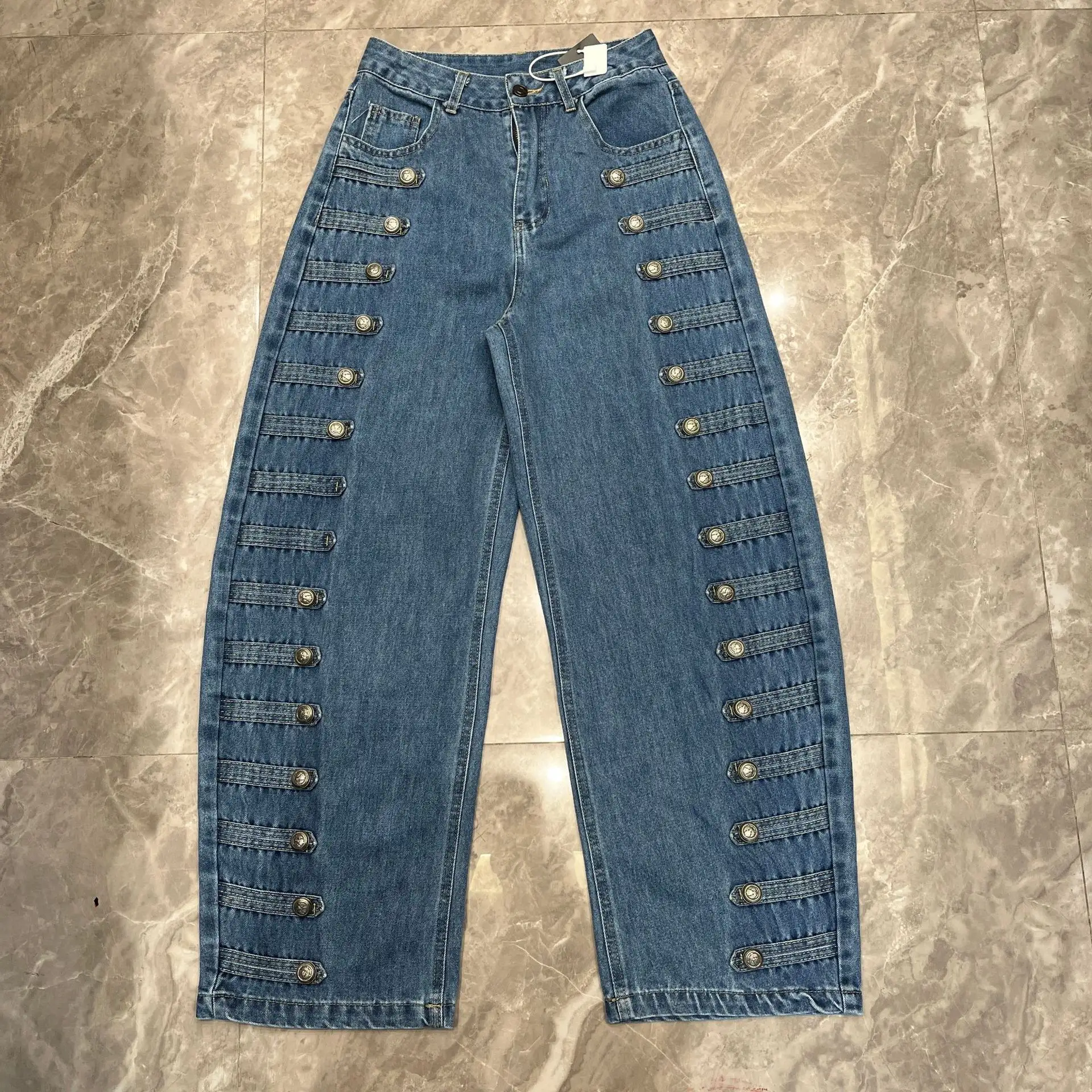 High-waisted Vintage Washed-blue Button-fly Straight-leg Jeans
