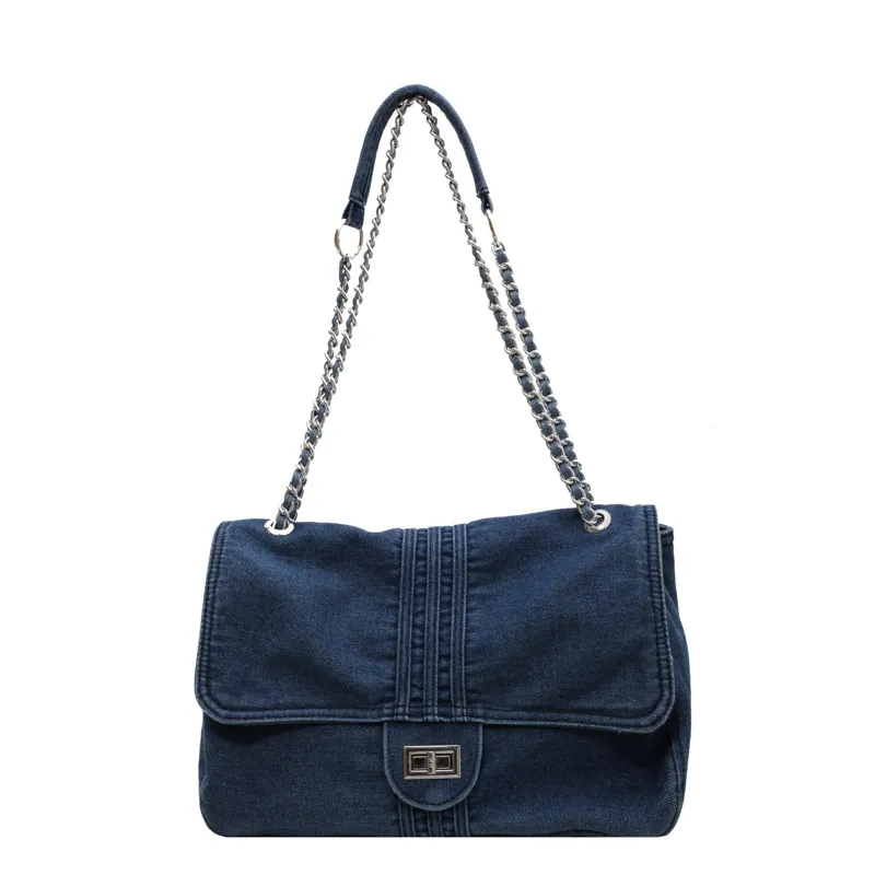 Denim Fashion Large Capacity Chain Commuter Tote Wandering Shoulder Bag - Blue