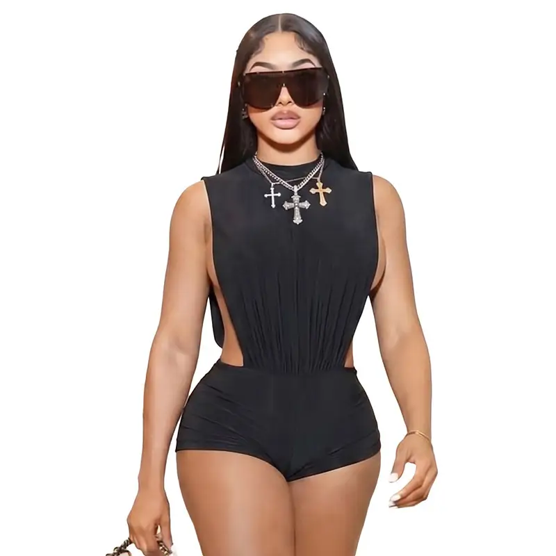 Solid-Color High-Neck Cardigan-Fit Jumpsuit With Shorts For Women