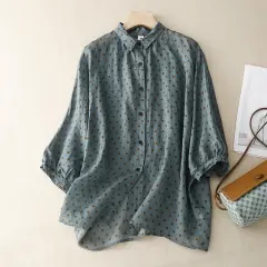 National Style Literary Style Lightweight And Slightly Transparent Polka-dot Loose-fitting Linen Shirt - Water Blue - View 1