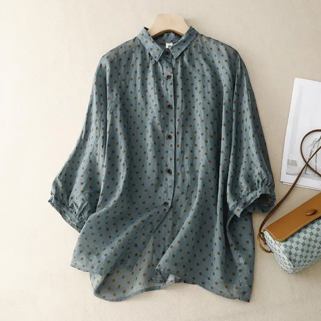 National Style Literary Style Lightweight And Slightly Transparent Polka dot Loose fitting Linen Shirt Water Blue - Shop at LoveMi