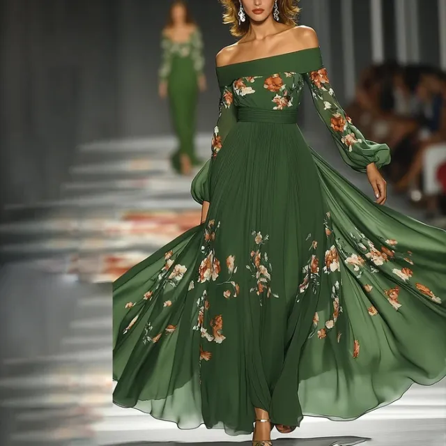 Long Sleeve Off Shoulder Digital Printing Dress Green - Shop at LoveMi