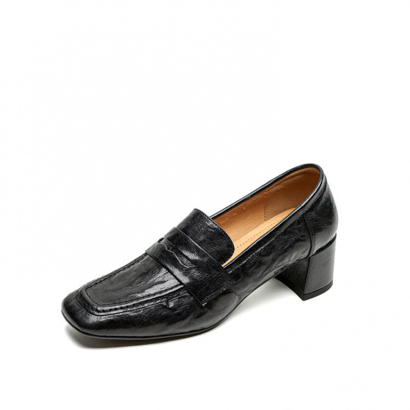 Womens Solid-Color Mid-Heel Retro Commuter Leather Square-Toe Pumps