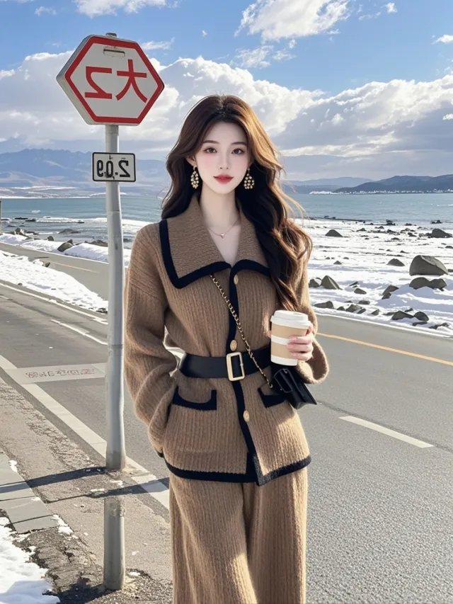 Autumn And Winter Brown Sweater Coat & Trousers Two piece Set For Women - Shop at LoveMi