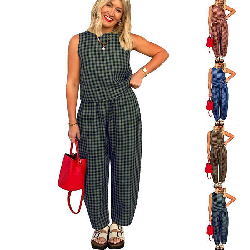 Printed Plaid Loose Casual Sleeveless Vest Pants Suit