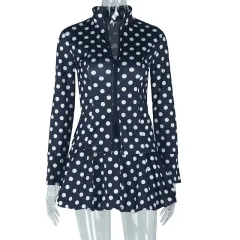 Waist-tied Polka Dot Pleated Long-sleeve Cardigan Zip-up Top And Skirt Two-piece Set - Black - View 1
