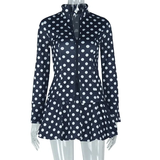 Waist tied Polka Dot Pleated Long sleeve Cardigan Zip up Top And Skirt Two piece Set Black - Shop at LoveMi