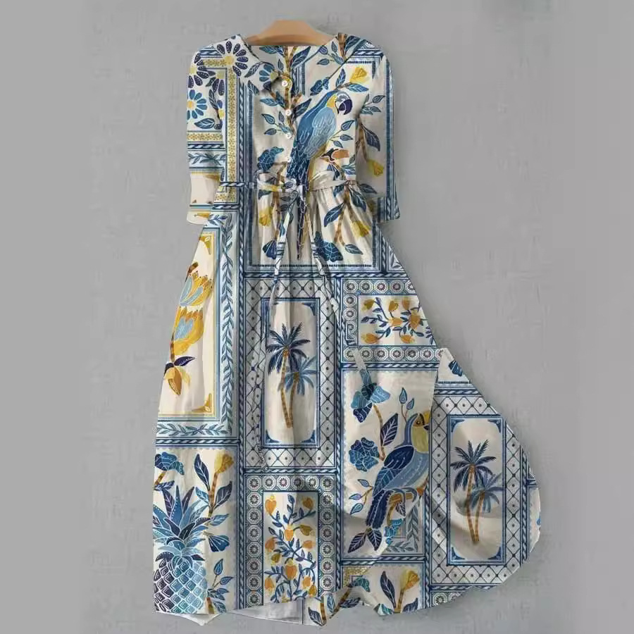 Creative 3D Printing Floral Shading Three-quarter Sleeve Dress