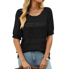 Round Neck Hollow-out Short-sleeved Shirt Knitted Crocheted Sweater - Black - View 1