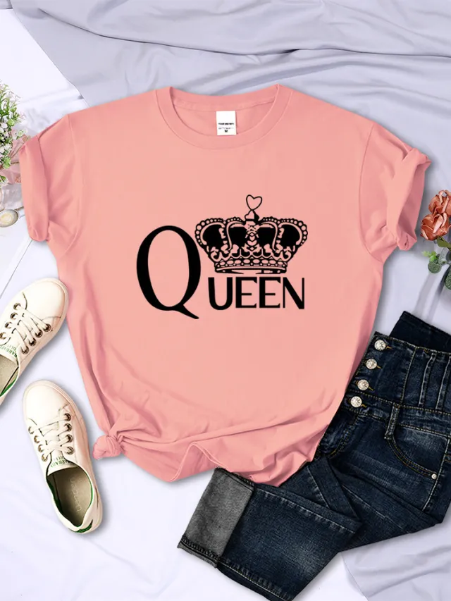 Queen'S Big Crown Printed Women T Shirts Breathable Summer Pink - Shop at LoveMi