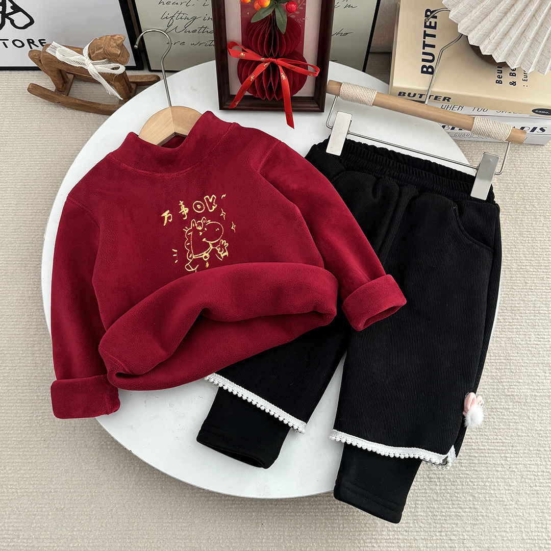 Sweatshirt Set Winter Fleece-Lined Thickened One-Piece Fleece Baby Korean-Style Fake Two-Piece Pants Set