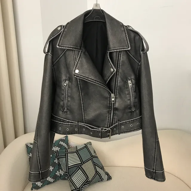 Women's Spring And Autumn Lapel Short Fashionable Casual Figure Flattering Leather Coat Return Dark Gray - Shop at LoveMi