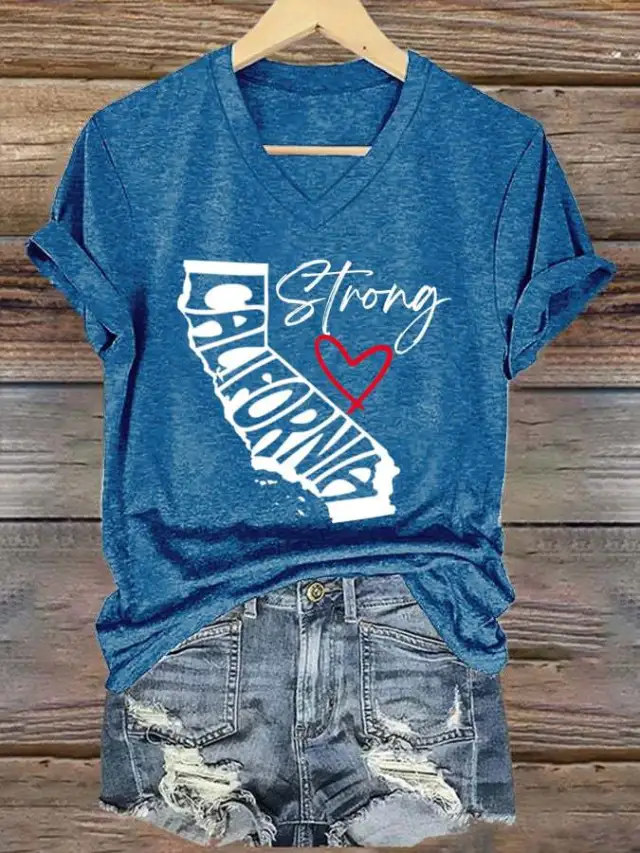 Top Women's V neck Casual Short Sleeve Letter Red Heart Dark Blue - Shop at LoveMi