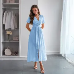 Elegant Vacation Style Deep V Short Sleeve Maxi Dress - Sky Blue - View 1