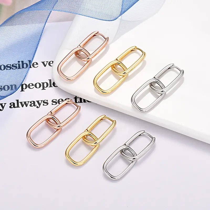 Geometric Ellipse Design Simple 925 Silver Needle Double Hoop Earrings