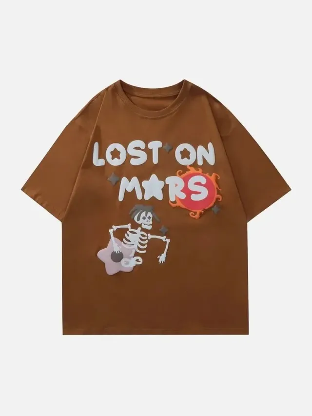 Skull Print Pure Cotton Loose T shirt Short Sleeve Top Style 9 Brown - Shop at LoveMi
