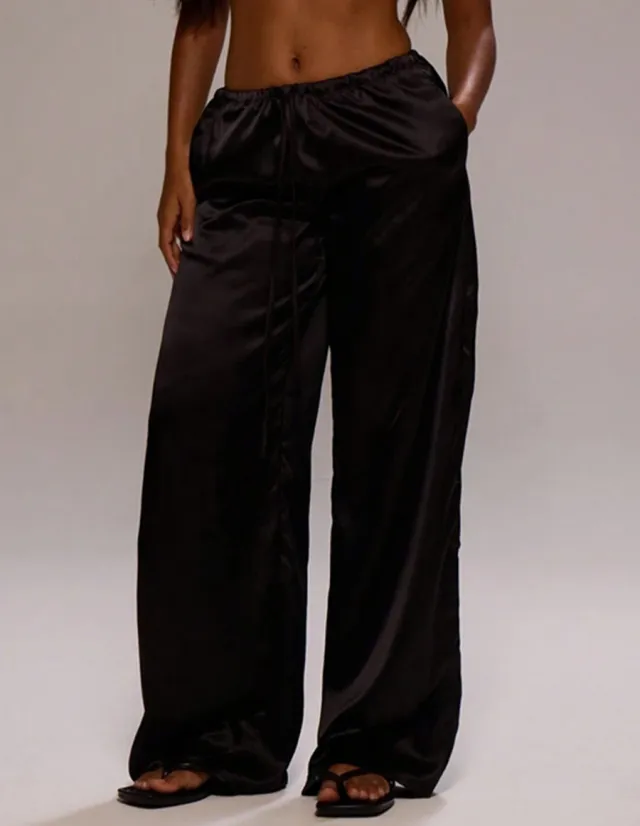 Satin Loose Wide Leg Drawstring Long Pants Black - Shop at LoveMi