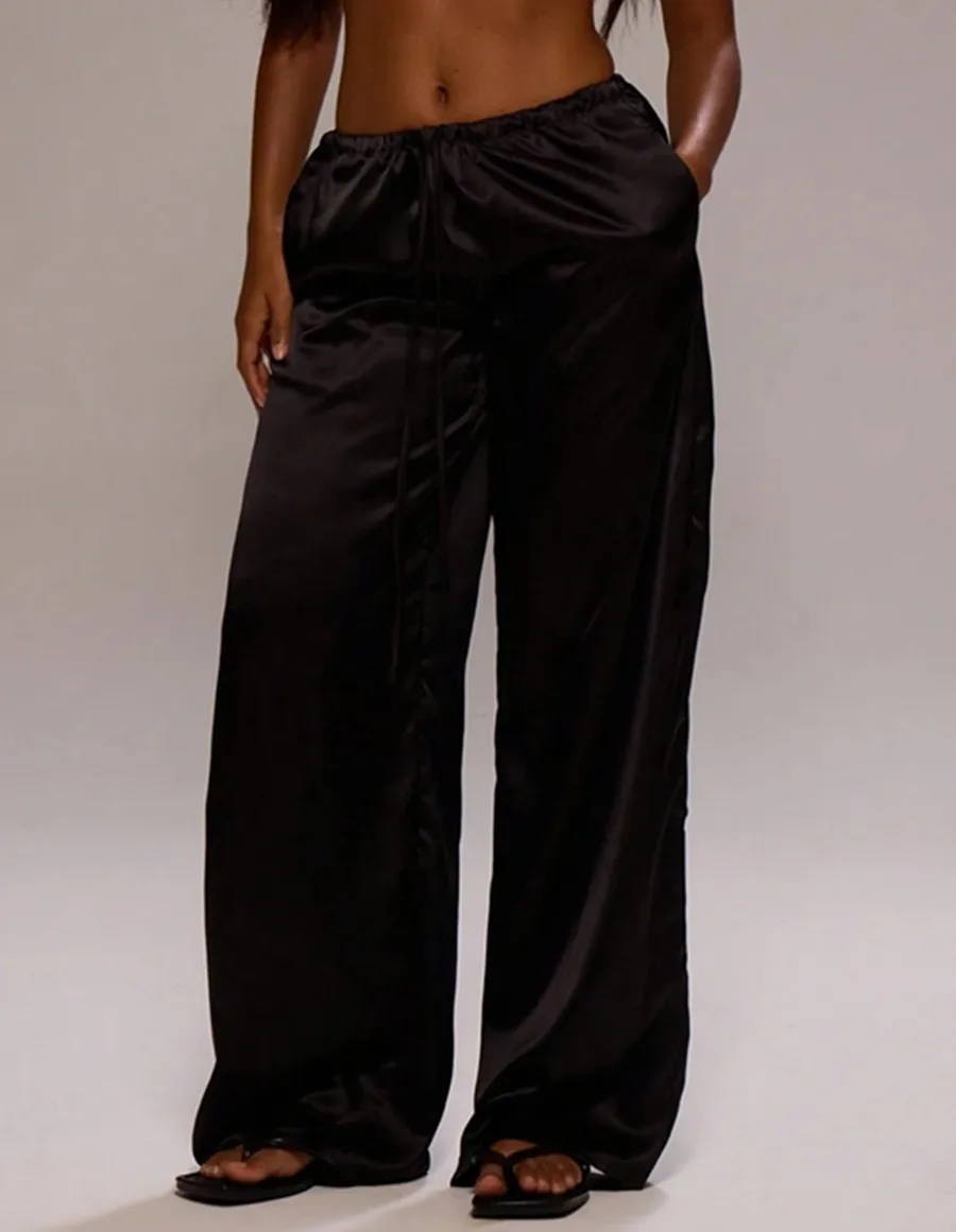 Satin Loose Wide Leg Drawstring Long Pants - Black