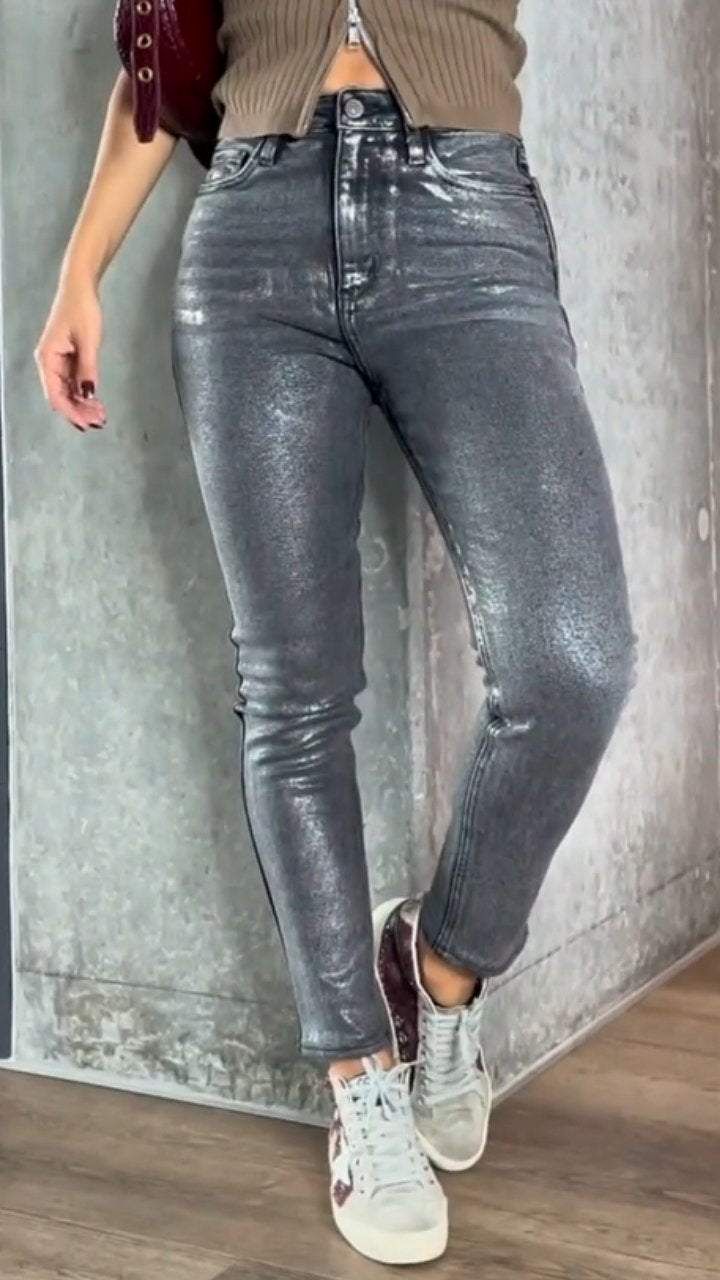 Womens Gold- And Silver-Stamping Stretch Skinny Jeans