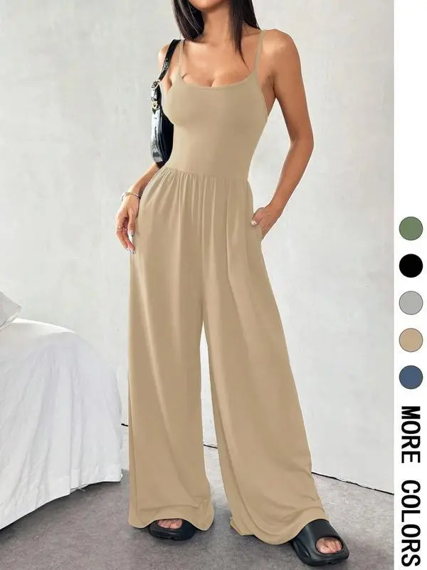 New Women's Solid Color Sling Jumpsuit Casual Minimalist Style Khaki - Shop at LoveMi
