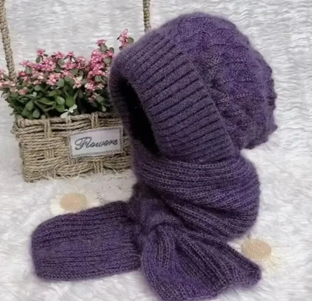Autumn And Winter Squirrel velvet Double layer Knitted One piece Scarf Hat Purple - Shop at LoveMi