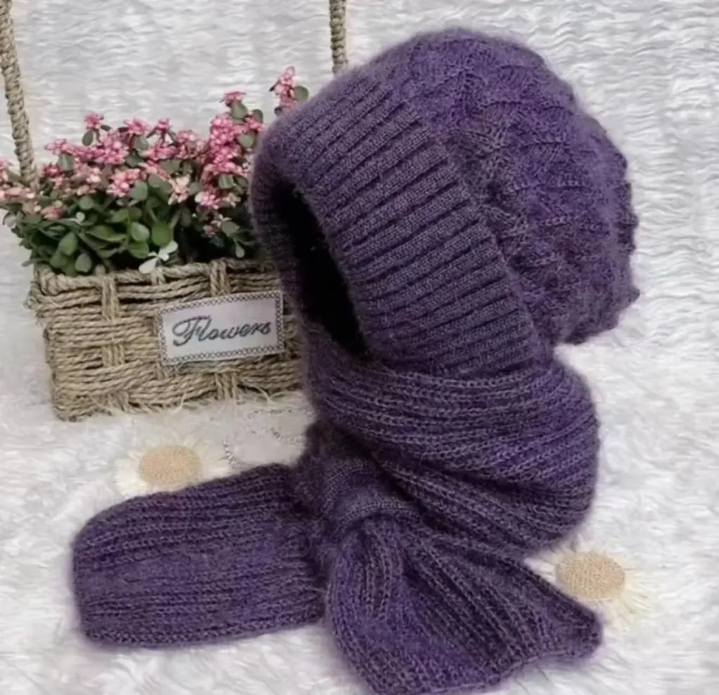 Autumn And Winter Squirrel-velvet Double-layer Knitted One-piece Scarf Hat - Purple