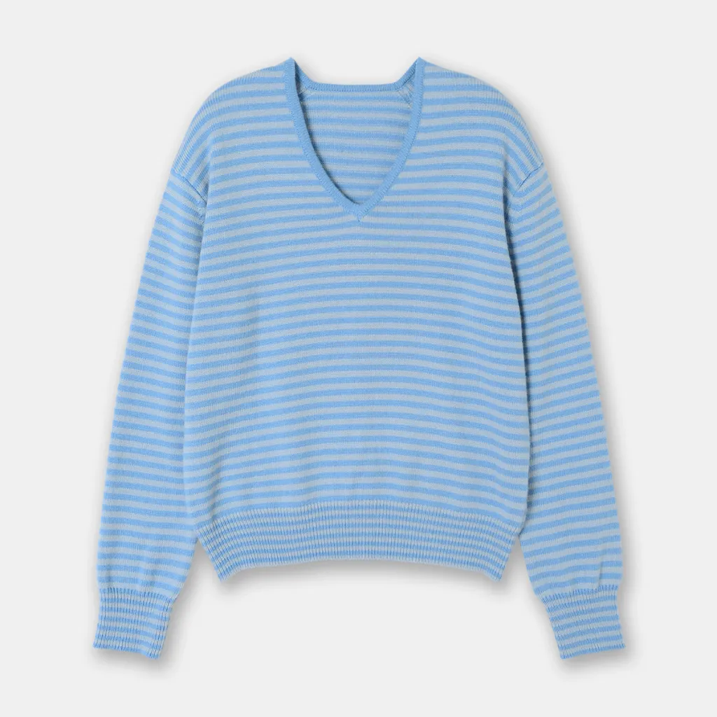 Drop-shoulder Sleeve Thin Woolen Sweater Ultra-fine Mernu Wool V-neck Striped Knitted Top - Blue Stripes