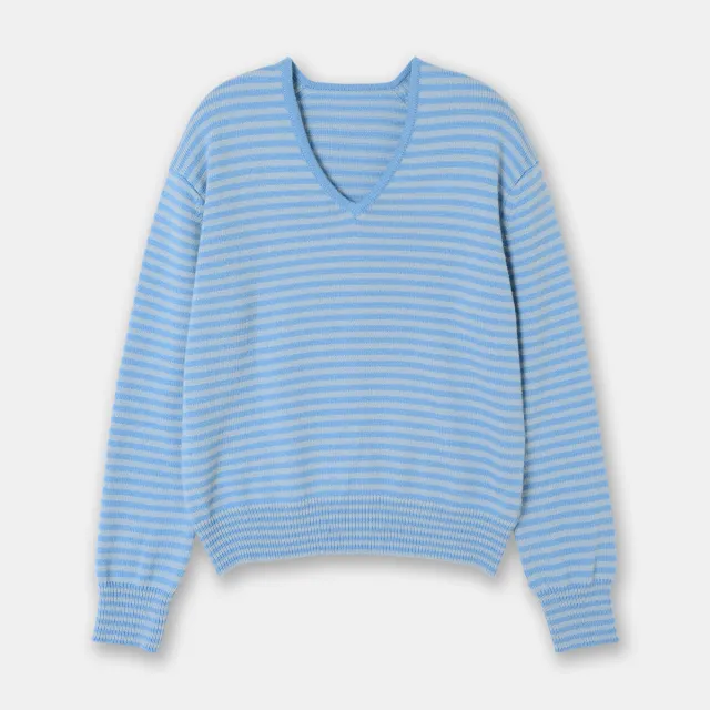 Drop shoulder Sleeve Thin Woolen Sweater Ultra fine Mernu Wool V neck Striped Knitted Top Blue Stripes - Shop at LoveMi
