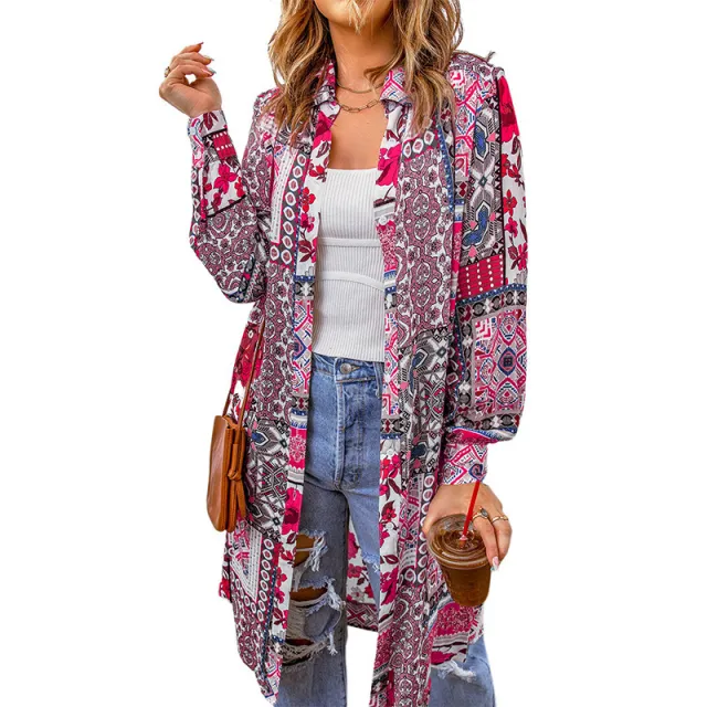 Bohemian Shirt Lapel Loose Casual Printed Long Cardigan Rose Red - Shop at LoveMi