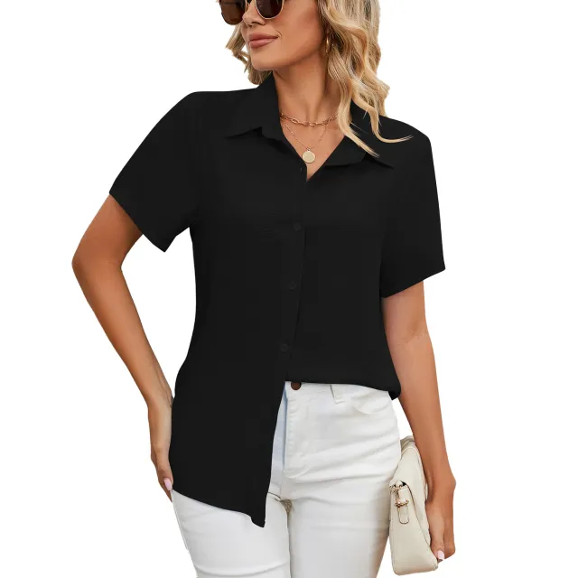 Women's Summer Anti wrinkle V neck Casual Loose Solid Color Shirt Top Black - Shop at LoveMi