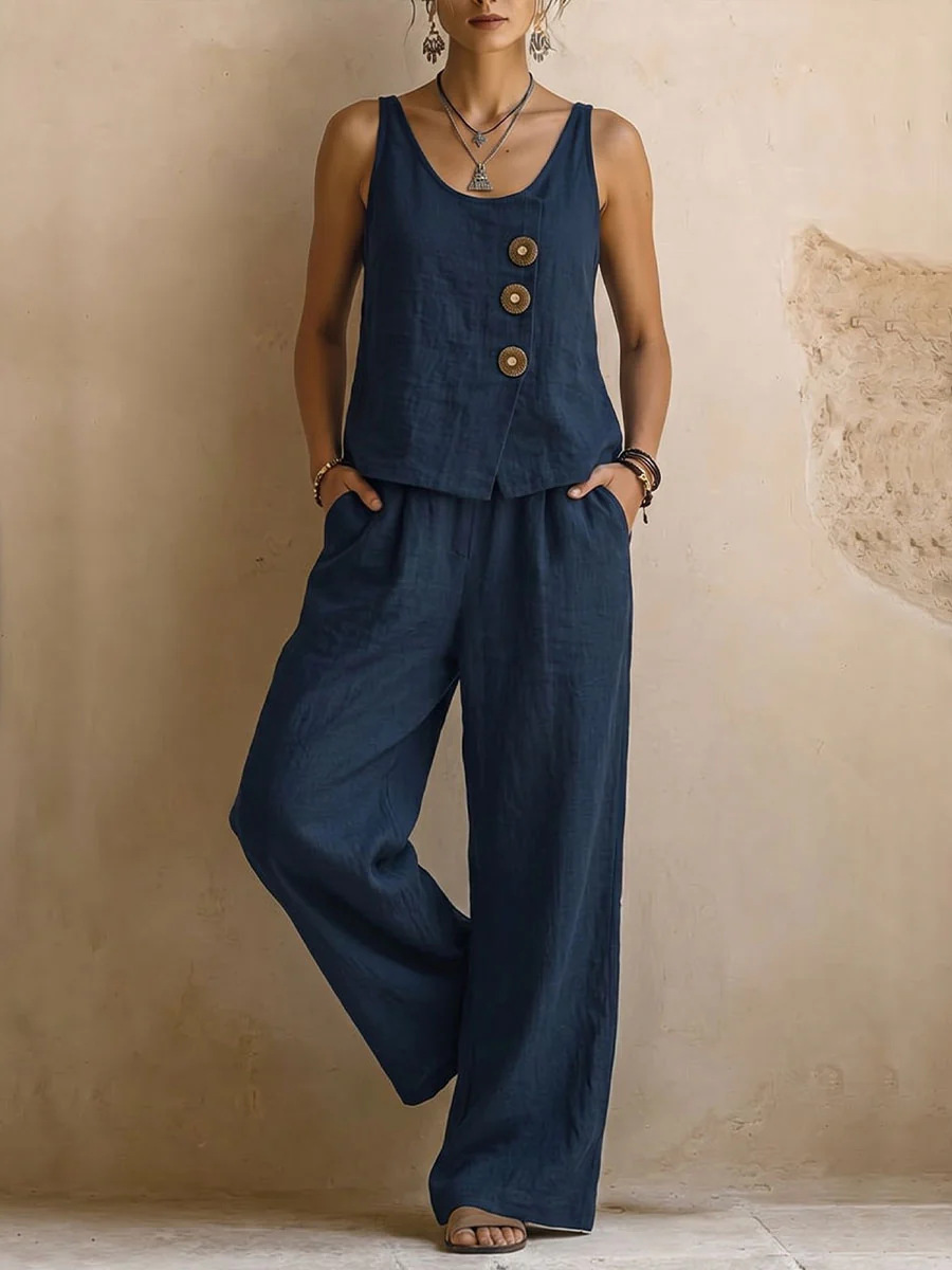 Women's cotton linen sleeveless tank top and pants two-piece set in white – relaxed casual style