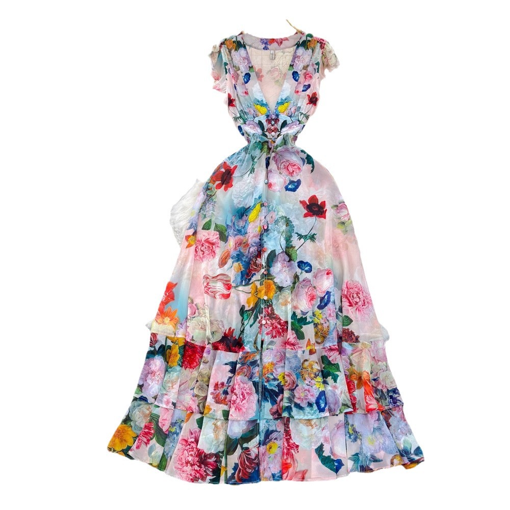 Socialite Temperament Short Sleeve Lapel And Waist Tight A- Line Printed Shirt Dress