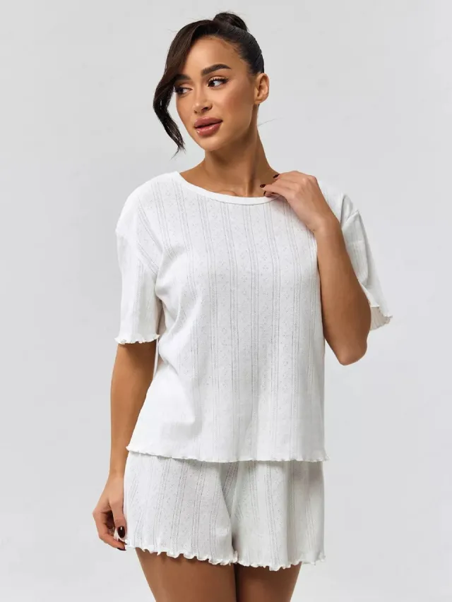 Pajamas Women's Summer Cotton containing Comfortable Curling Half sleeve Shorts Home Wear Suit White - Shop at LoveMi