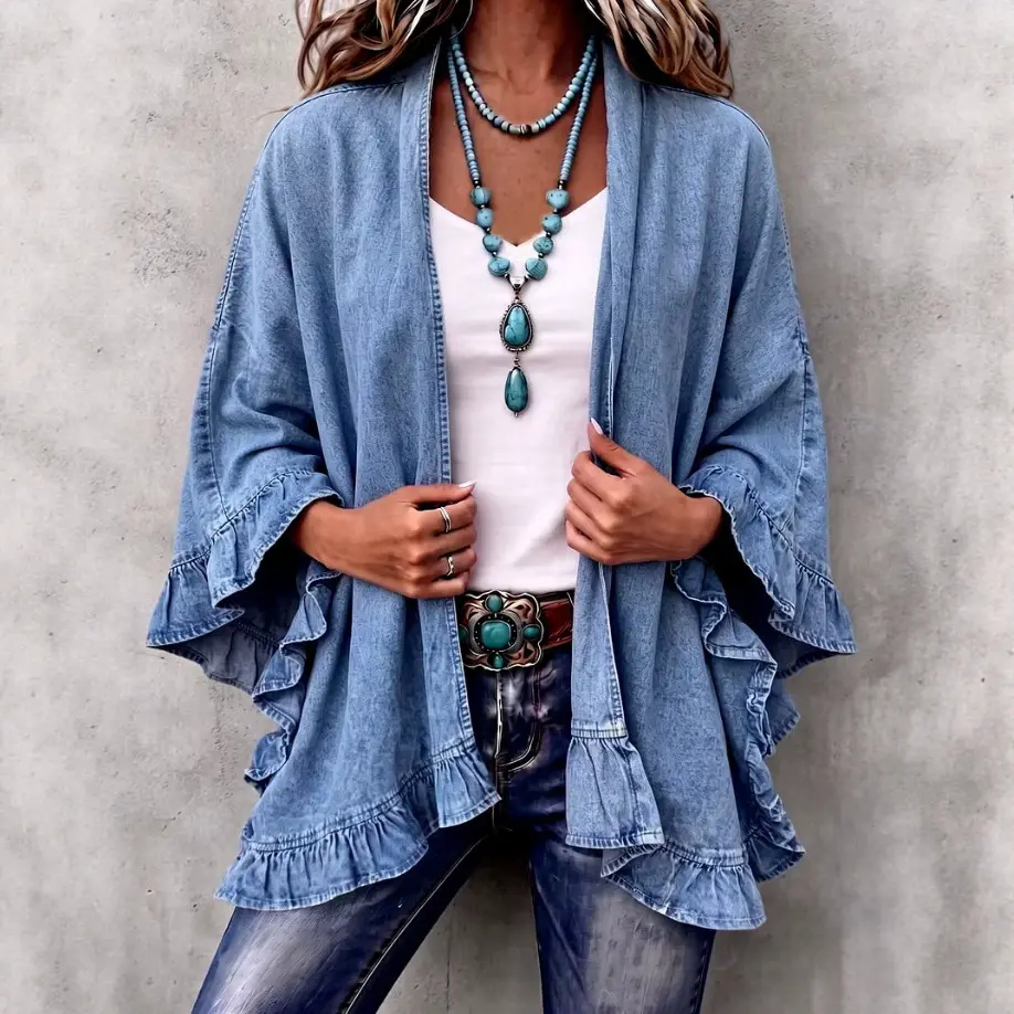 Tassel Solid-color Loose-fit Ruffled Womens Top