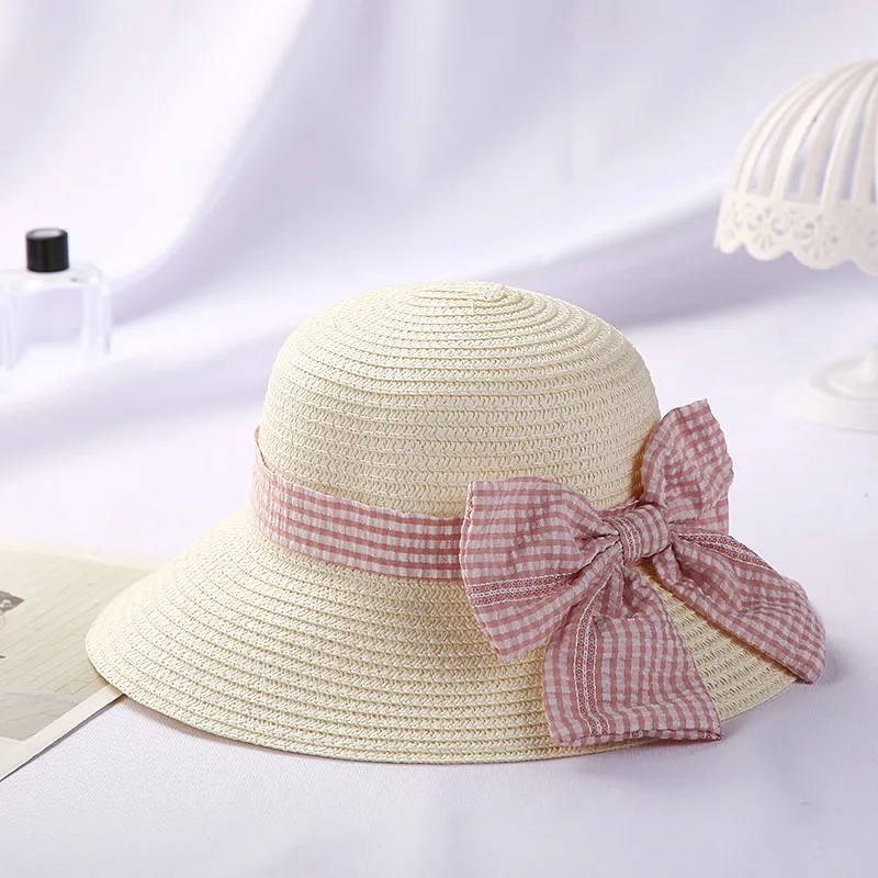 New Girls Big Bow Sun-proof Straw Hat Bag Set - Pink Bow Hat Milky White