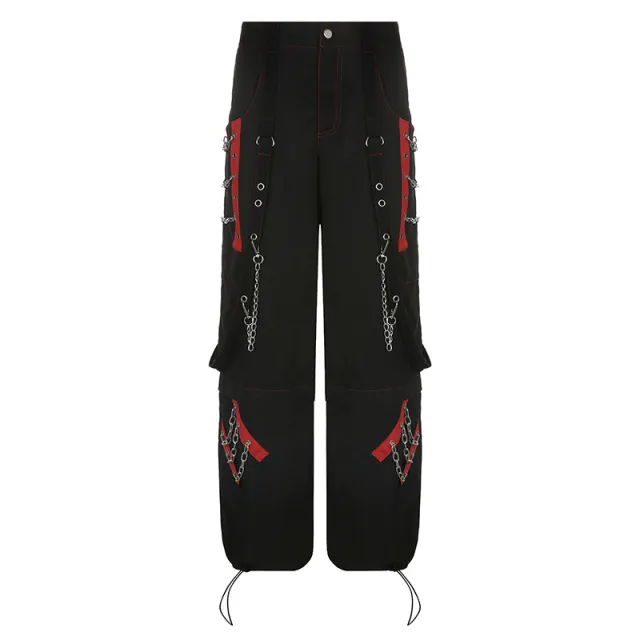Heavy Industry Dark Contrast Color Ribbon Metal Decorative Chain Stitching Ankle Banded Pants Female Black - Shop at LoveMi