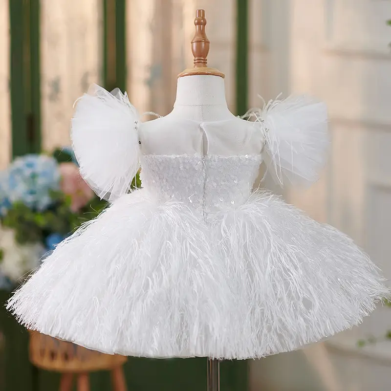 Girls Sequins White Flying Sleeves Feather Dress