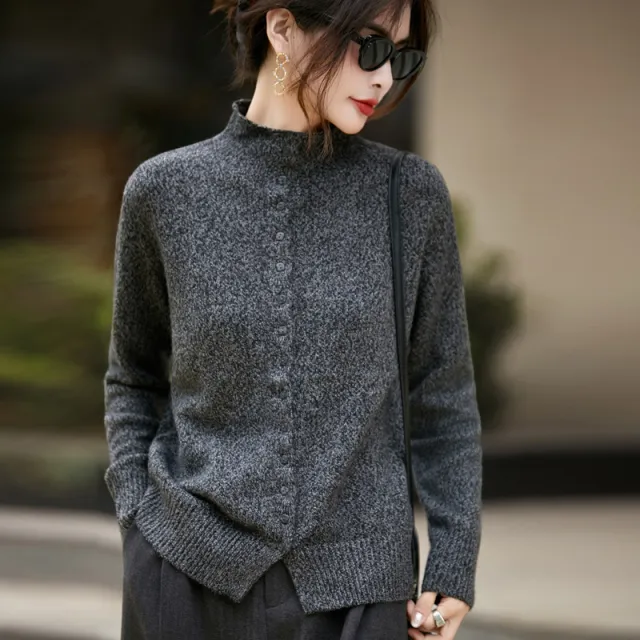 Machine Washable Half Turtleneck Arabesquitic Fabric Knitted Cardigan Gray - Shop at LoveMi