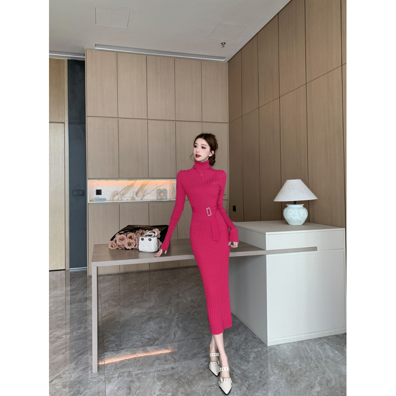 Elegant High neck Sweater Paired With A High waisted Stretchy Figure hugging Knit Sheath Dress Rose - Shop at LoveMi