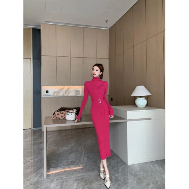 Elegant High neck Sweater Paired With A High waisted Stretchy Figure hugging Knit Sheath Dress Rose - Shop at LoveMi